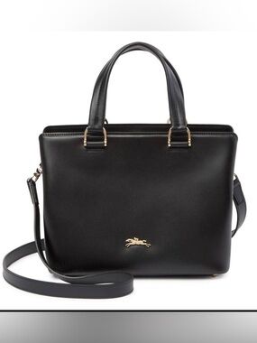 Longchamp Honoré 404 Small Black Leather Tote Top Handle Gold Logo NWT